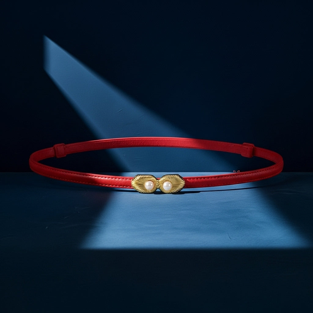 Ceinture fine rouge pour femme, modèle Pivoine, ornée d'une boucle dorée décorative en forme de feuille avec deux perles blanches et d'une lanière en cuir lisse. #fullwidth