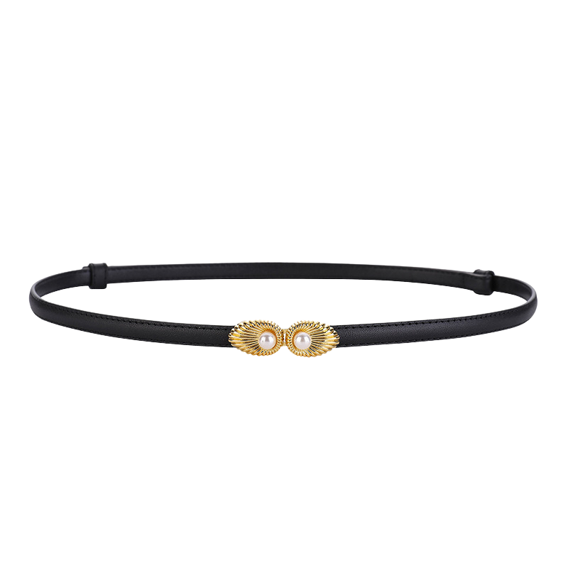 Ceinture fine noire en cuir pour femme, modèle Pivoine, avec une boucle dorée décorative ornée de deux perles blanches.