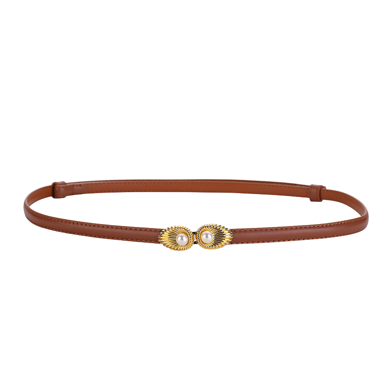 Ceinture femme fine Pivoine en cuir marron clair avec boucle dorée décorative ornée de perles