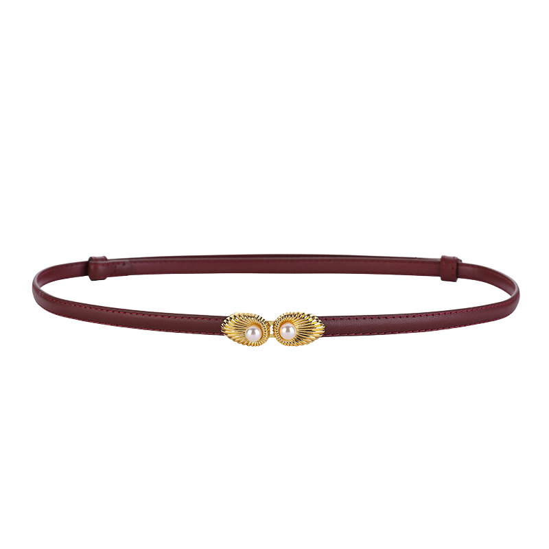 Ceinture femme fine en cuir bordeaux "Pivoine" avec boucle dorée ornée de deux perles
