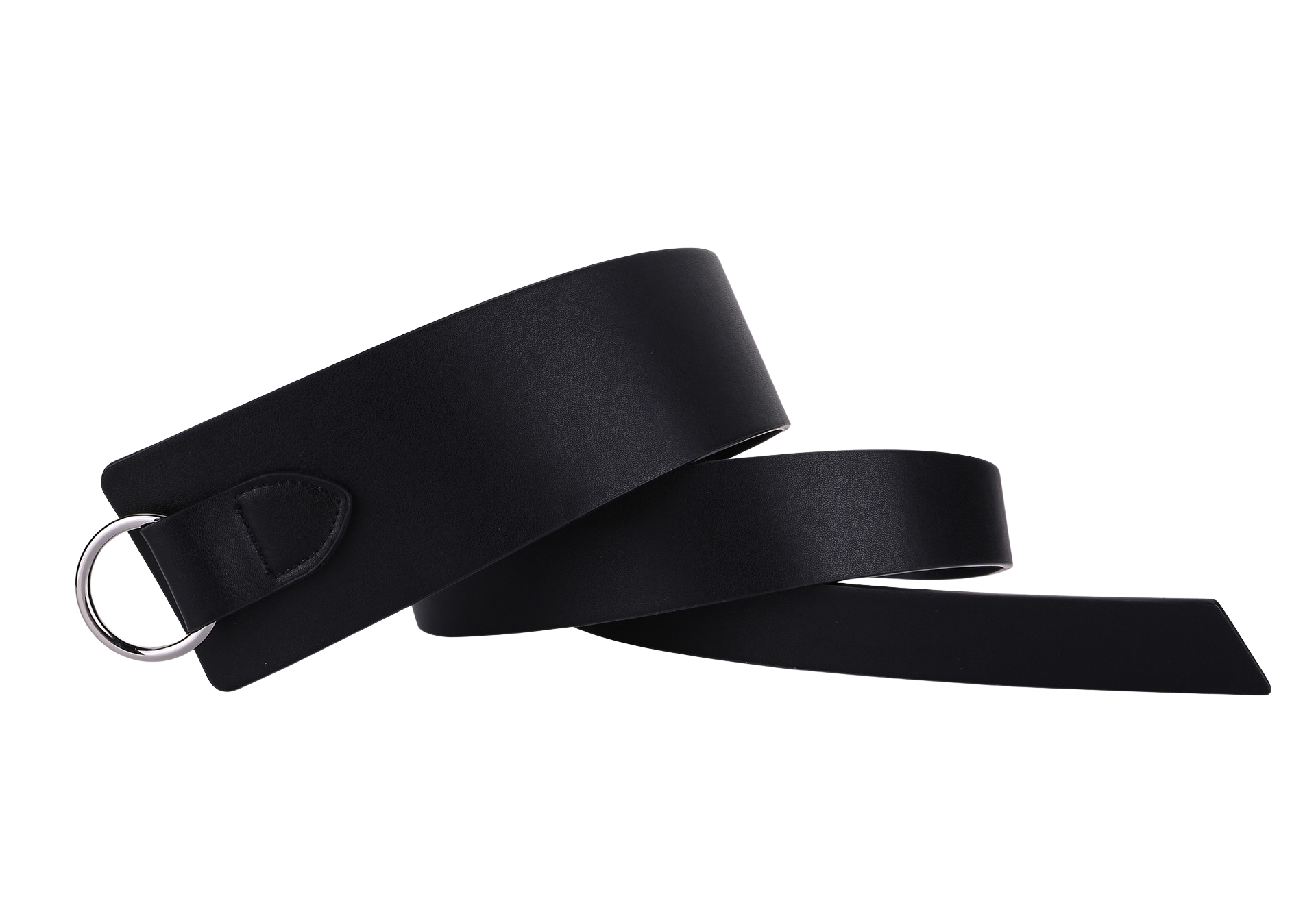 Ceinture noire Plume pour femme en cuir refendu, avec une boucle anneau argentée et un système de fermeture à nouer. Largeur 4 cm.