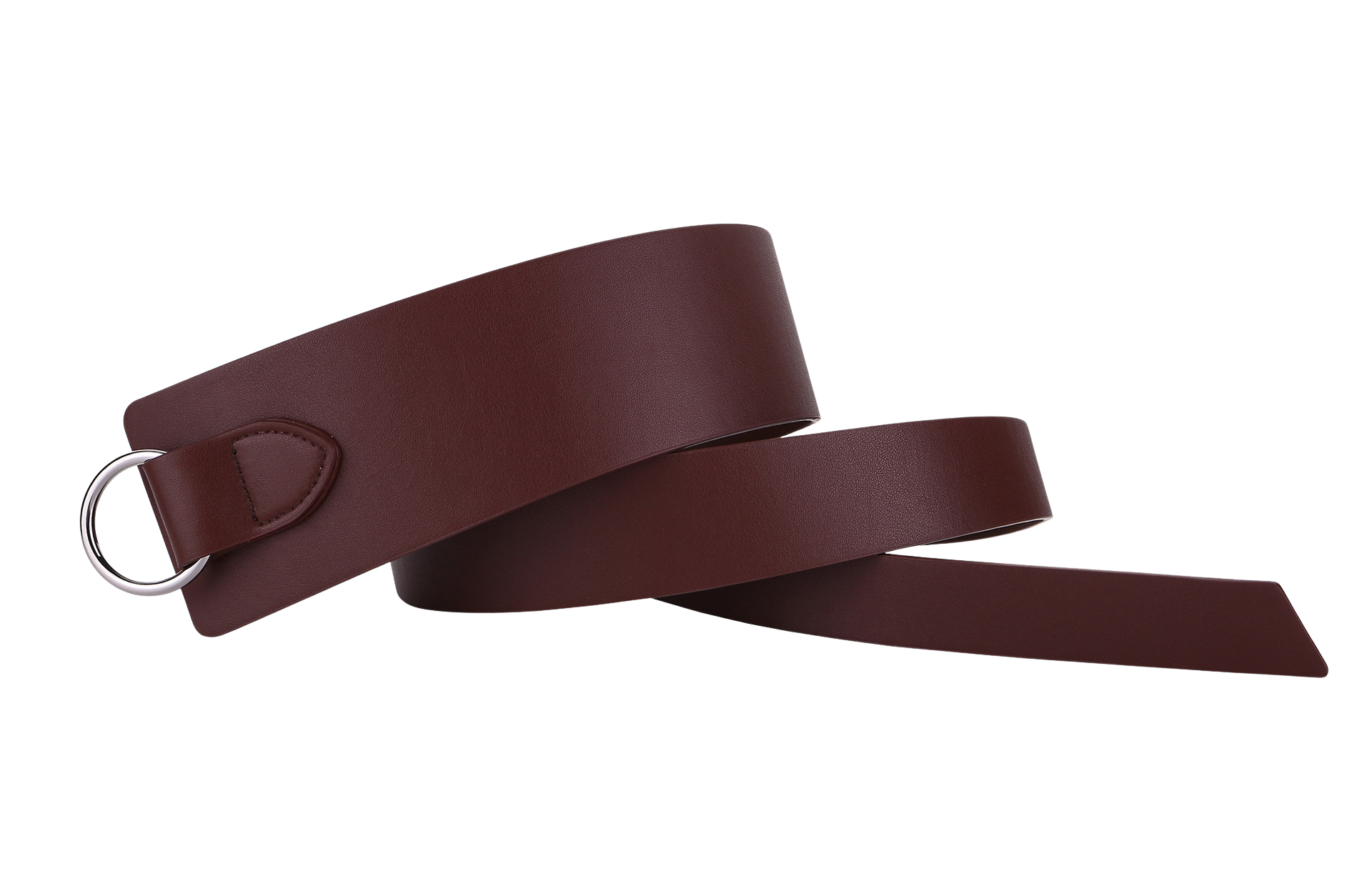 Ceinture femme Plume en cuir marron foncé, avec une boucle argentée et un design à nouer. #fullwidth