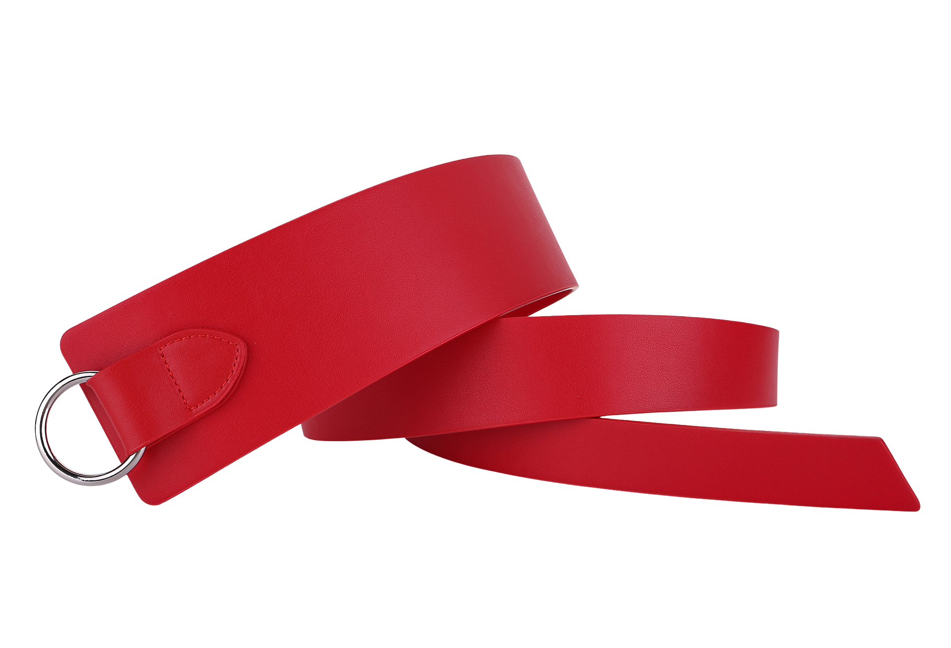 Ceinture Plume rouge pour femme en cuir refendu avec anneaux argentés et fermeture à nouer, 4 cm de large.