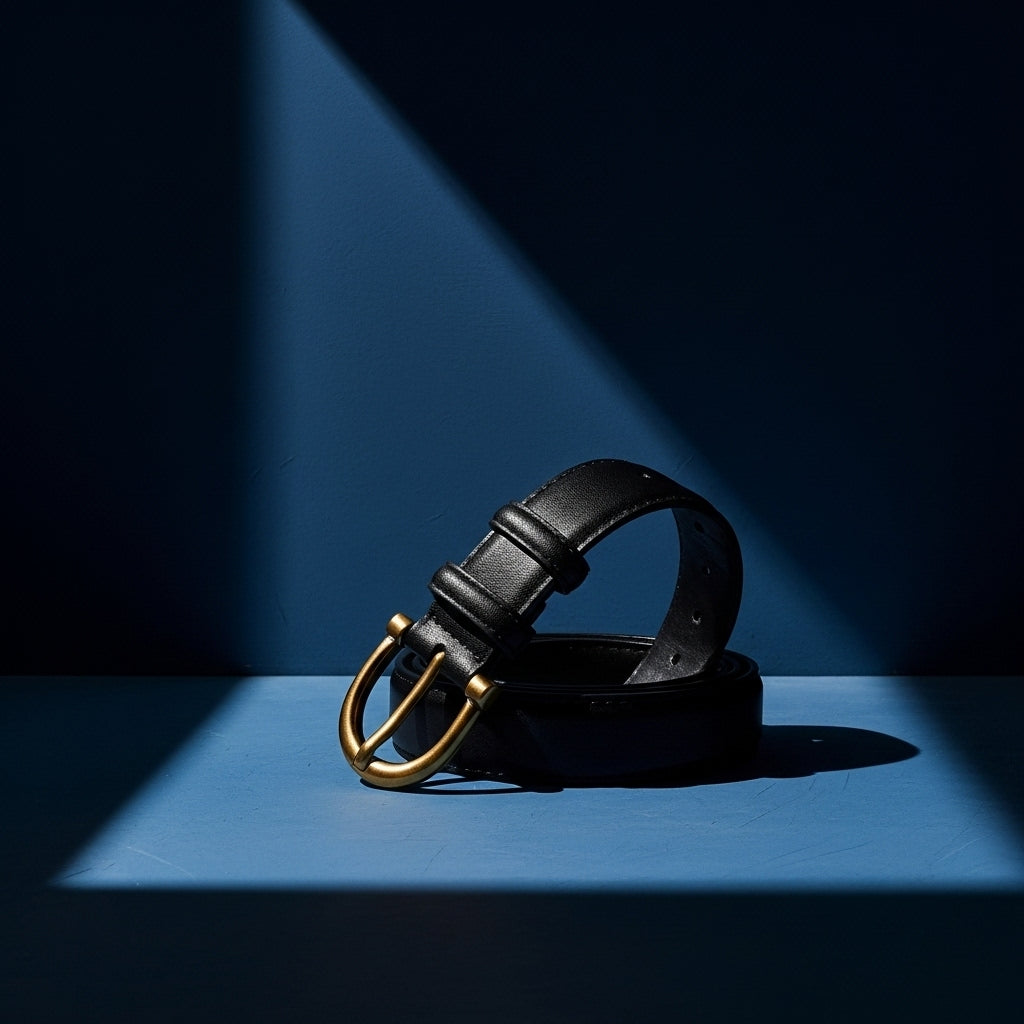 Ceinture noire Prisca pour femme en cuir de vachette refendu avec boucle ardillon dorée finition bronze patiné en forme de D arrondie. #fullwidth