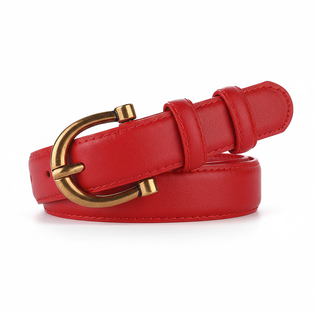 Ceinture fine rouge Prisca en cuir avec boucle ardillon dorée vieillie en forme de D arrondi.