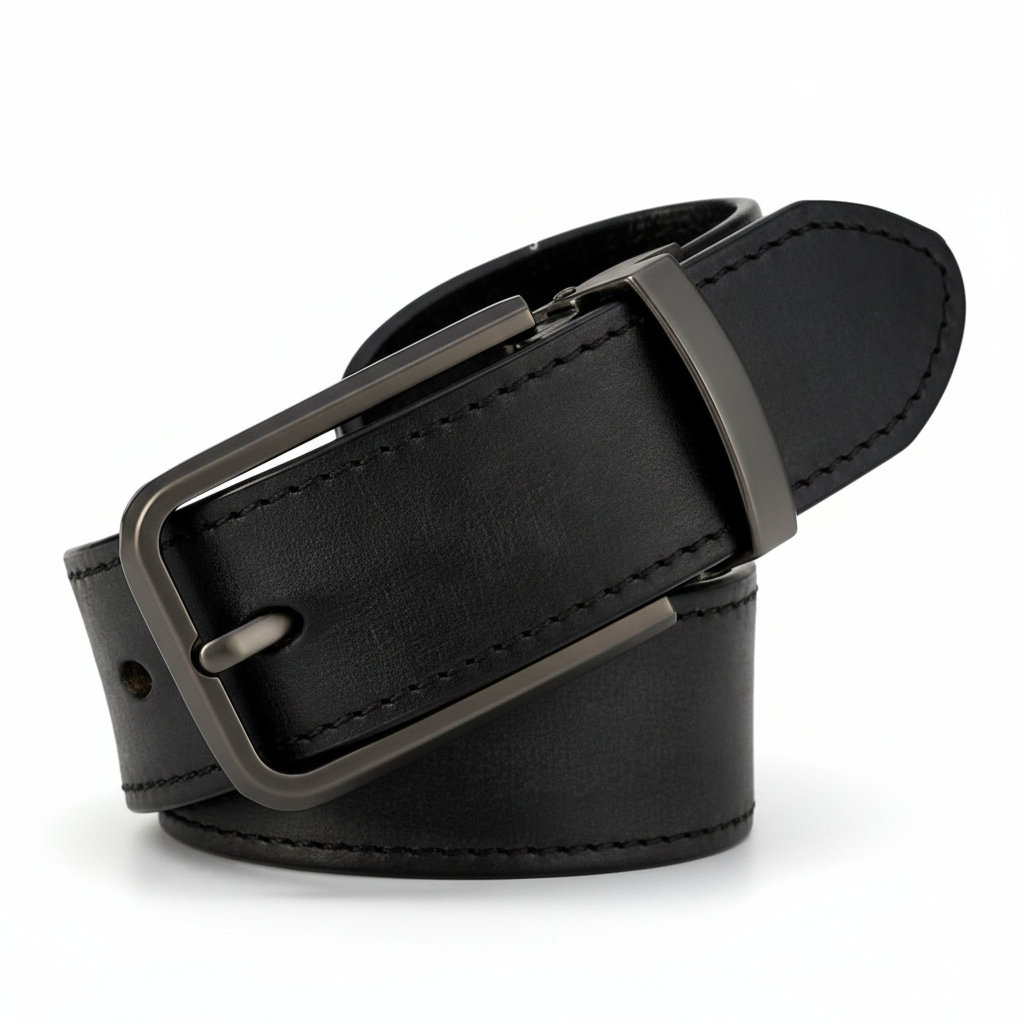 Ceinture homme Prouste en cuir noir avec boucle ardillon rectangulaire en alliage argenté