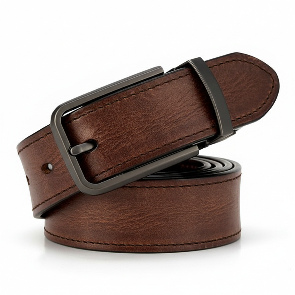 Ceinture homme Prouste en cuir marron avec boucle ardillon rectangulaire argentée