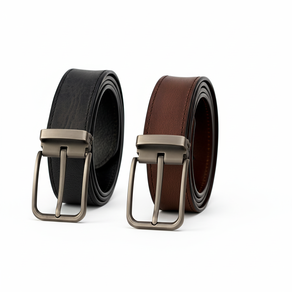 Ceinture Prouste pour homme en cuir noir et marron, avec boucle ardillon argentée.
