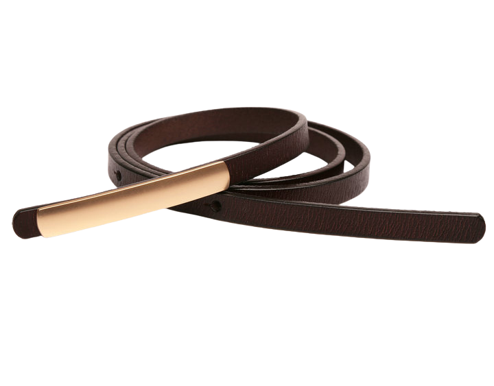 Ceinture fine en cuir marron foncé Pureté pour femme avec boucle rectangulaire dorée sobre, longueur 100 cm.