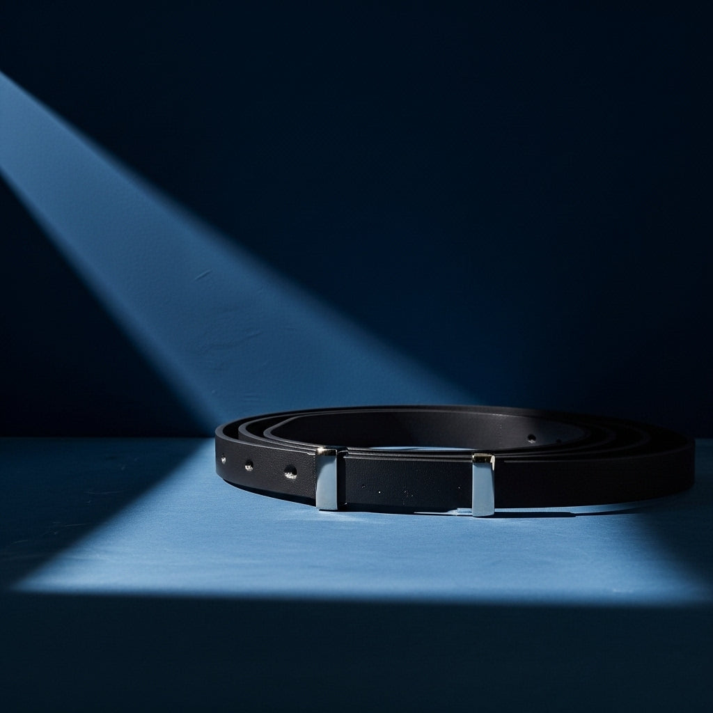 Ceinture femme Quintessence noire en cuir avec boucle rectangulaire argentée plate, sur fond bleu #fullwidth