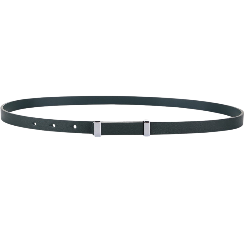 Ceinture femme Quintessence en cuir vert émeraude avec boucle rectangulaire argentée plate et minimaliste.