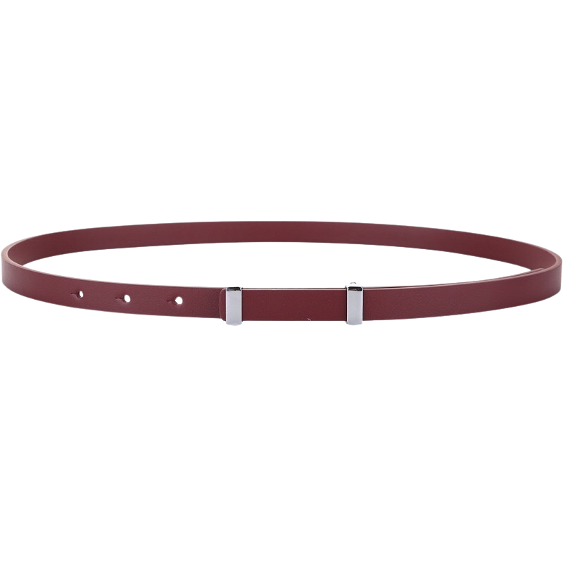 Ceinture fine pour femme Quintessence en cuir marron avec boucle rectangulaire argentée discrète.