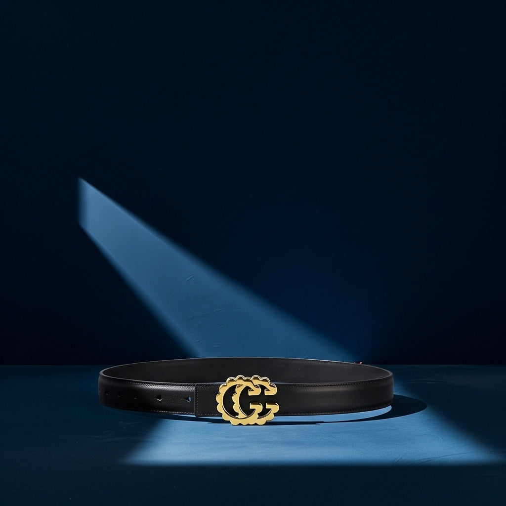 Ceinture femme Quitilla noire en cuir avec boucle dorée style double G #fullwidth