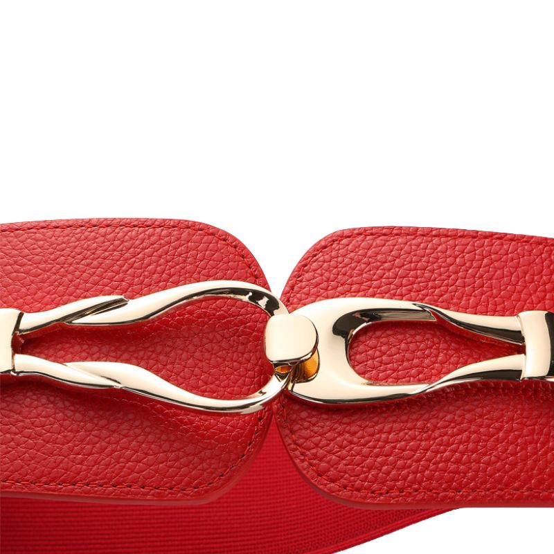 Ceinture femme Quitine 1 rouge en cuir avec boucle torsadée dorée, fermoir décoratif, partie élastique rouge et finition grainée.