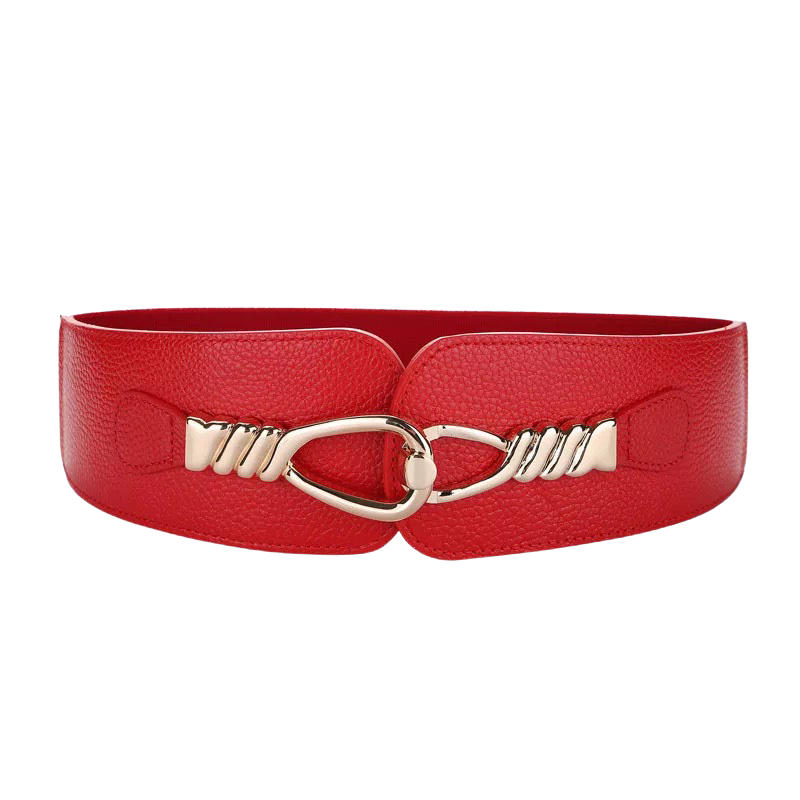 Ceinture femme Quitine 2 rouge en cuir pleine fleur avec traitement daim grainé, partie élastique et boucle centrale goutte d'eau en métal doré. Largeur de 6 à 7.8 cm. #fullwidth