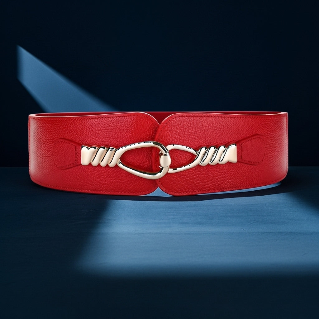 Ceinture rouge Quitine 2 en cuir texturé avec boucle ovale argentée torsadée et partie élastique, style corset, sur fond bleu #fullwidth