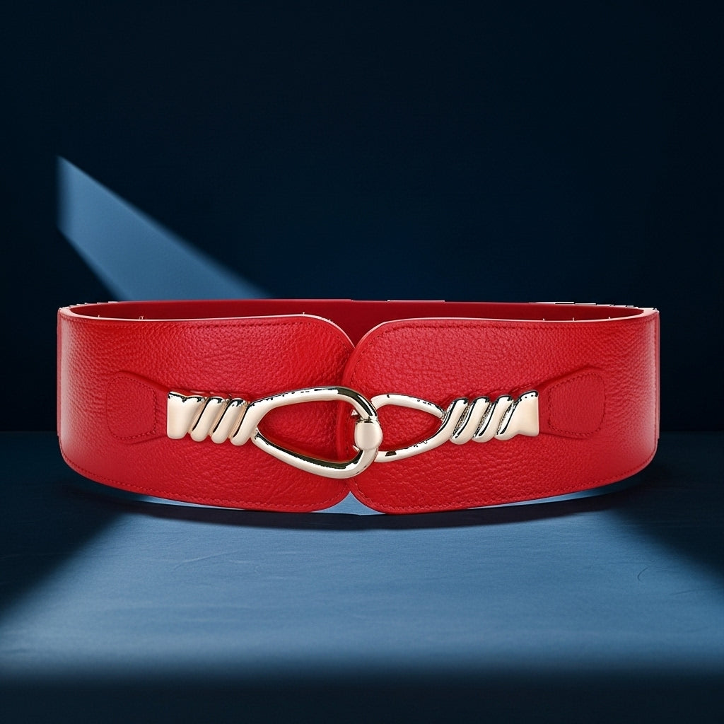 Ceinture rouge Quitine 2 pour femme, en cuir pleine fleur avec traitement daim grainé, boucle métal argenté effet torsadé, style corset #fullwidth
