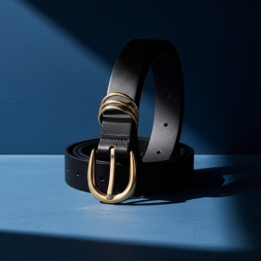 Ceinture fine noire Radieuse en simili cuir lisse avec boucle ardillon dorée arrondie et trois anneaux décoratifs sur le passant. #fullwidth