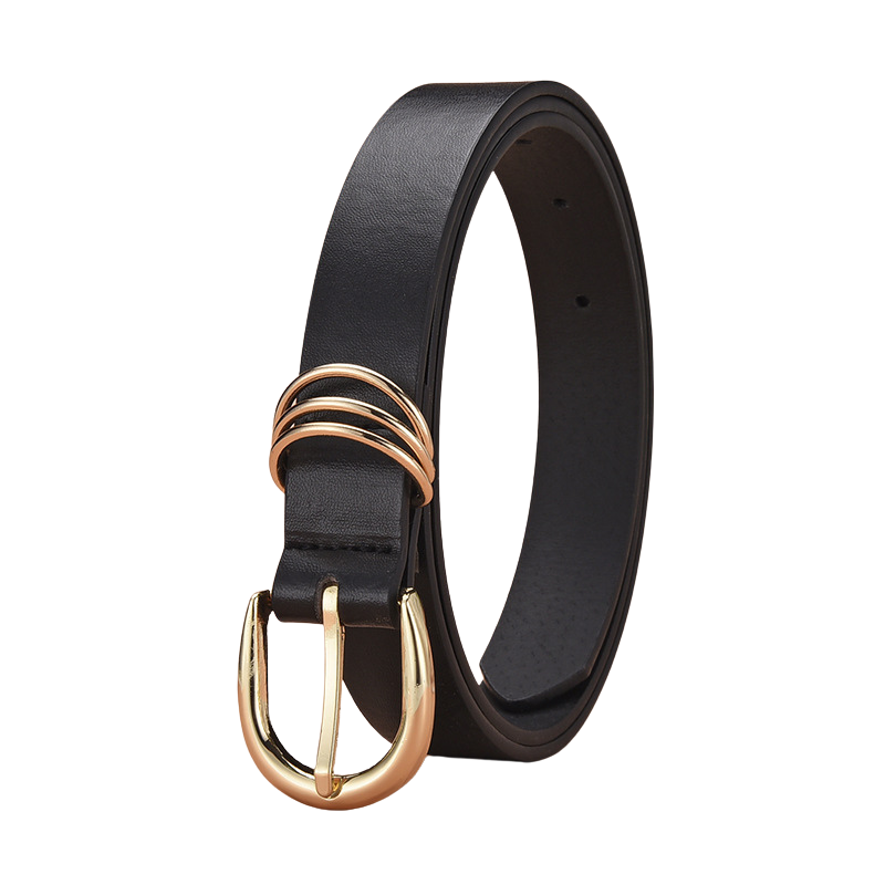 Ceinture fine noire Radieuse en simili cuir lisse avec boucle ardillon dorée arrondie et triples anneaux décoratifs.