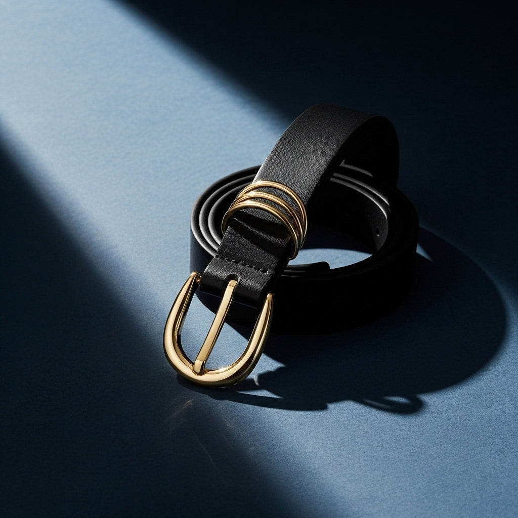 Ceinture fine noire "Radieuse" en simili cuir lisse avec boucle ardillon dorée et trois anneaux décoratifs, sur fond bleu #fullwidth