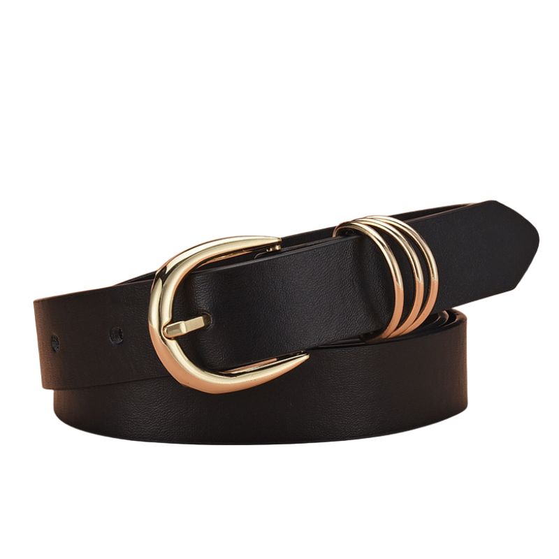 Ceinture fine noire Radieuse en simili cuir lisse avec boucle ardillon dorée arrondie et triple anneaux décoratifs