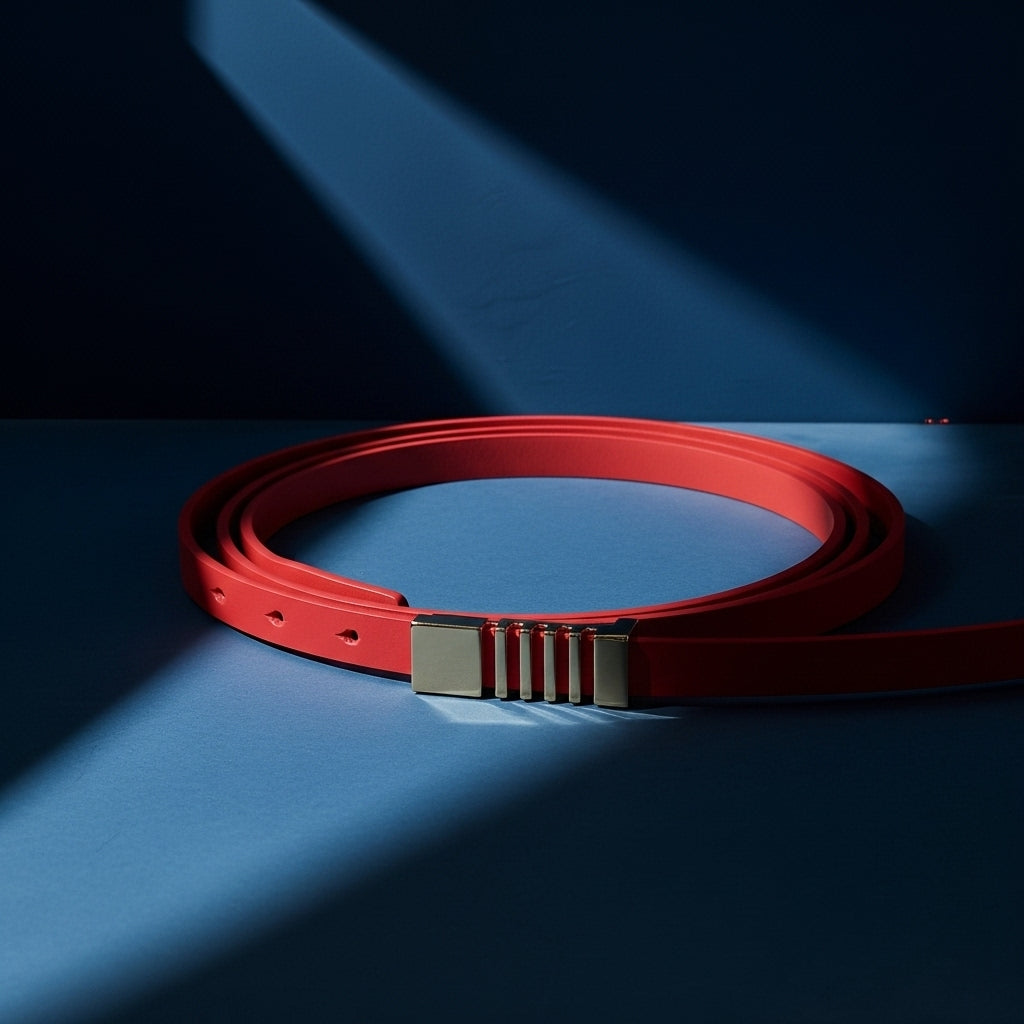 Ceinture Rafaëlle rouge en cuir grain lisse, 1.8 cm de large, avec boucle crochet clou dorée géométrique. #fullwidth