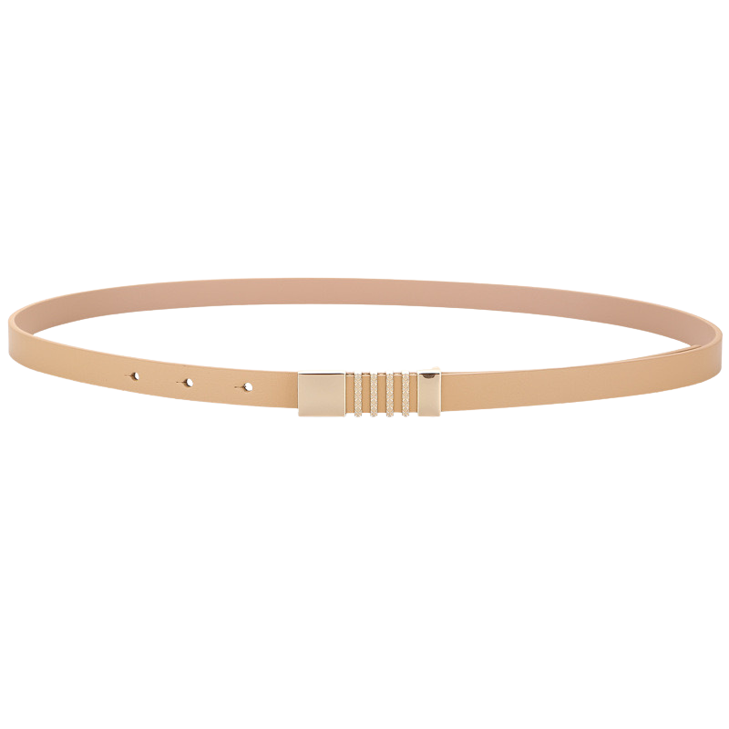 Ceinture Rafaëlle beige en cuir pleine fleur avec une boucle géométrique dorée ornée d'anneaux décoratifs.