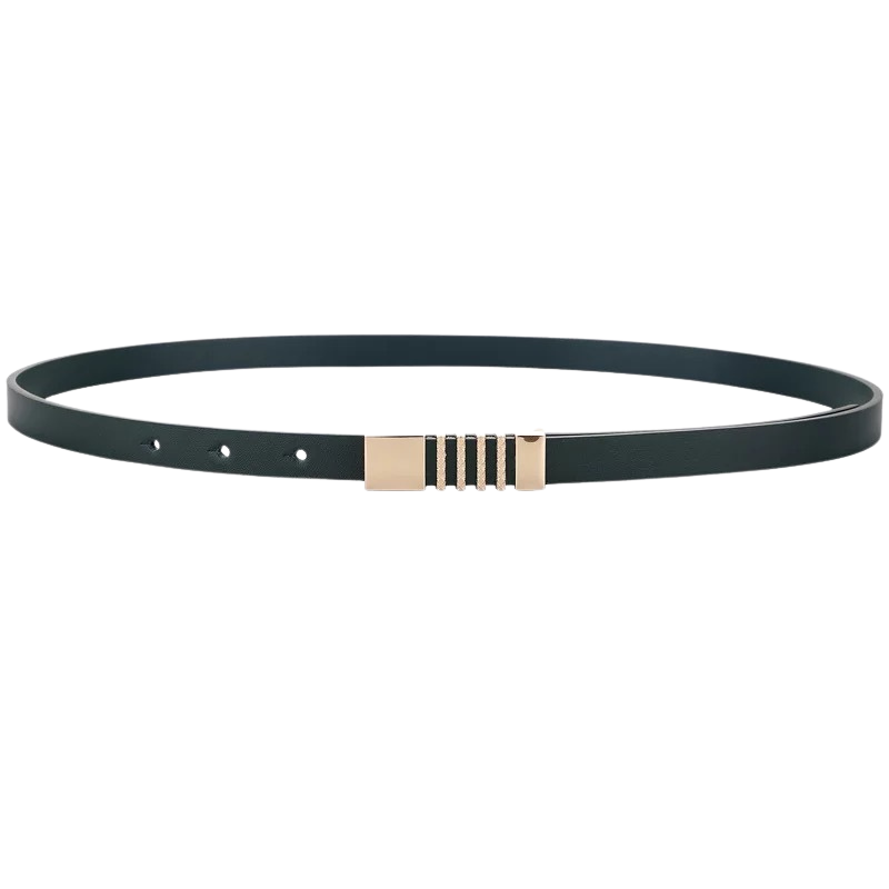 Ceinture femme Rafaëlle en cuir vert avec boucle dorée géométrique et design d'anneaux décoratifs