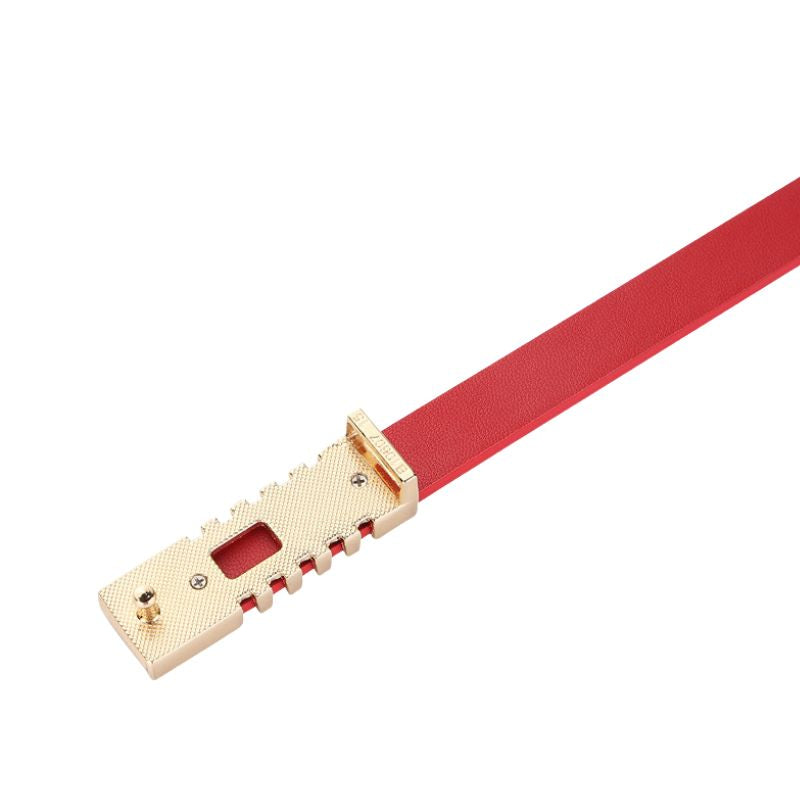 Ceinture Rafaëlle rouge en cuir pleine fleur avec boucle crochet clou dorée et design géométrique