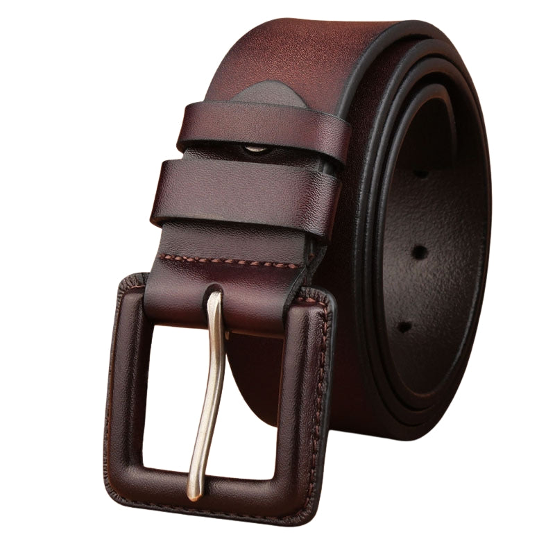 Ceinture homme Raffiné en cuir marron café avec boucle ardillon carrée argentée et passant en cuir.