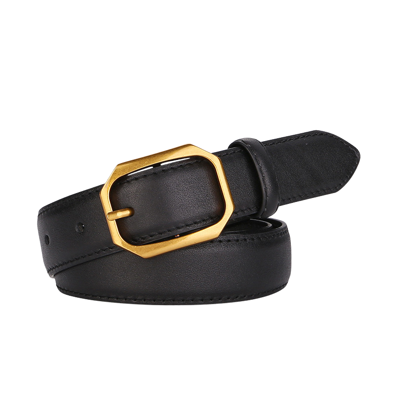 Ceinture femme Raffinement en cuir noir avec boucle hexagonale dorée à ardillon
