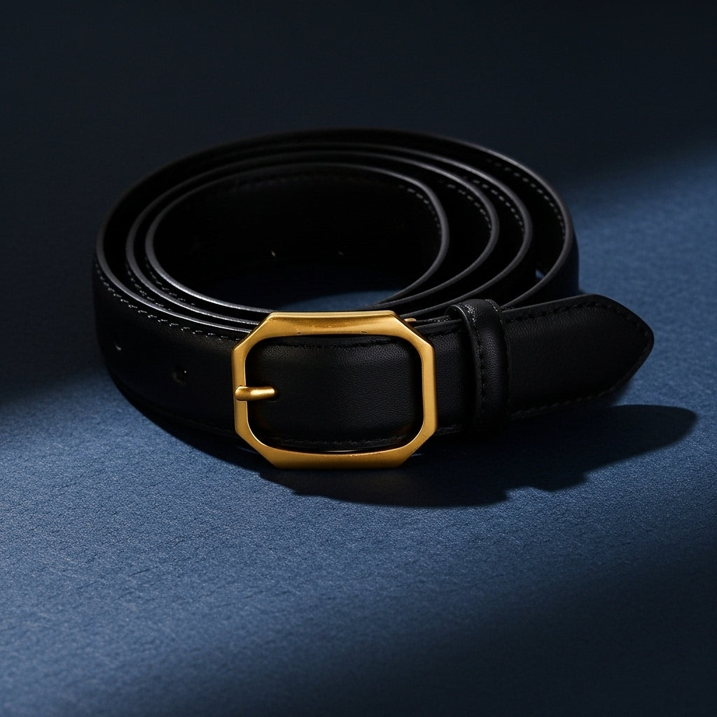 Ceinture femme Raffinement en cuir noir avec boucle dorée hexagonale et ardillon, sur fond bleu marine #fullwidth