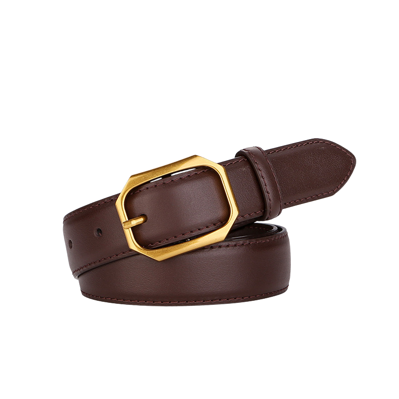 Ceinture femme Raffinement en cuir marron avec boucle hexagonale dorée, fermeture à ardillon