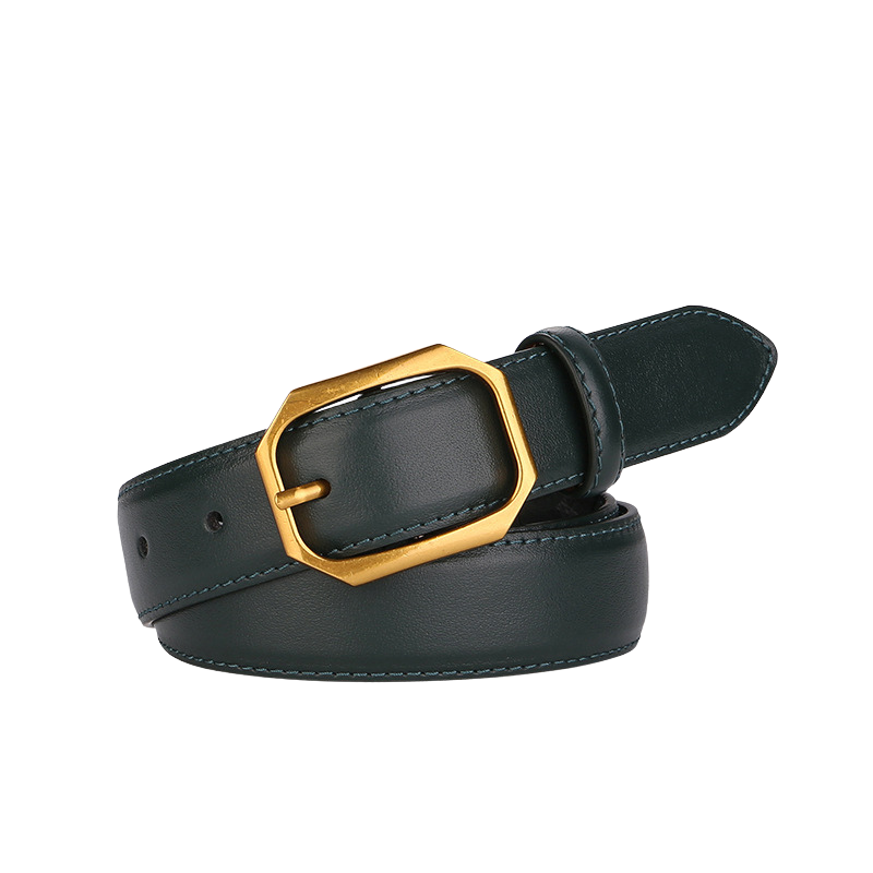 Ceinture femme Raffinement en cuir vert sapin avec boucle dorée hexagonale et surpiqûres ton sur ton