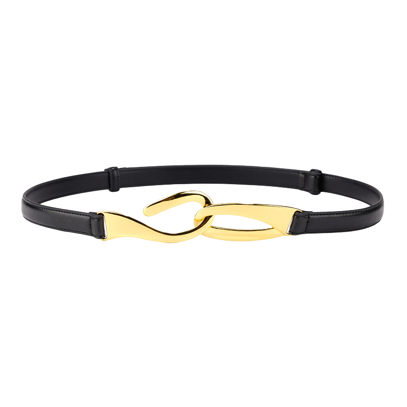 Ceinture fine noire pour femme, modèle Ravissante, avec une boucle décorative dorée en alliage inspirée du style coréen.
