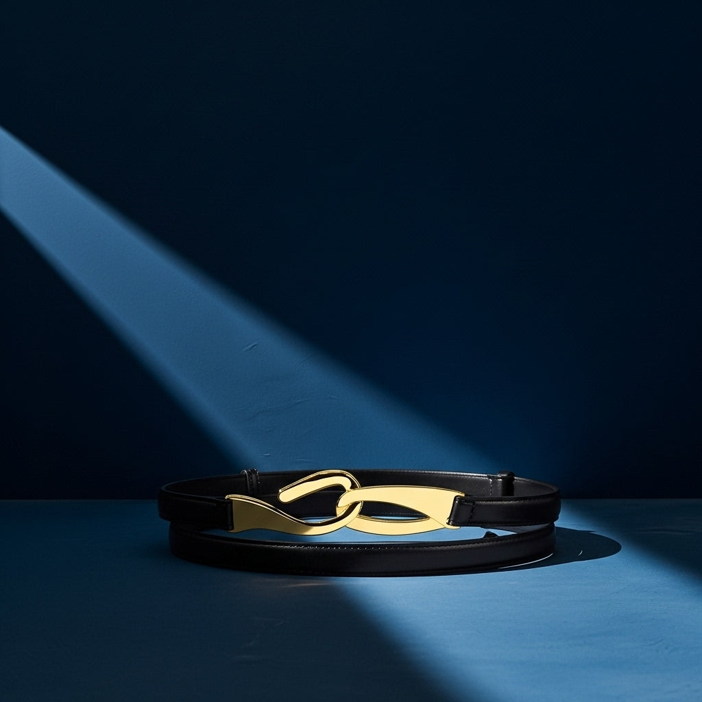 Ceinture fine noire Ravissante avec boucle dorée en forme de nœud, style coréen, sur fond bleu avec éclairage dramatique #fullwidth