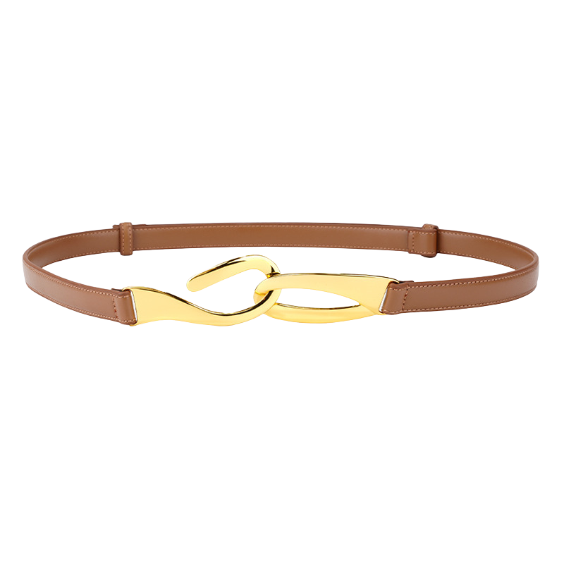 Ceinture fine et délicate Ravissante en cuir marron avec une boucle décorative dorée en forme de nœud, style coréen chic et minimaliste.