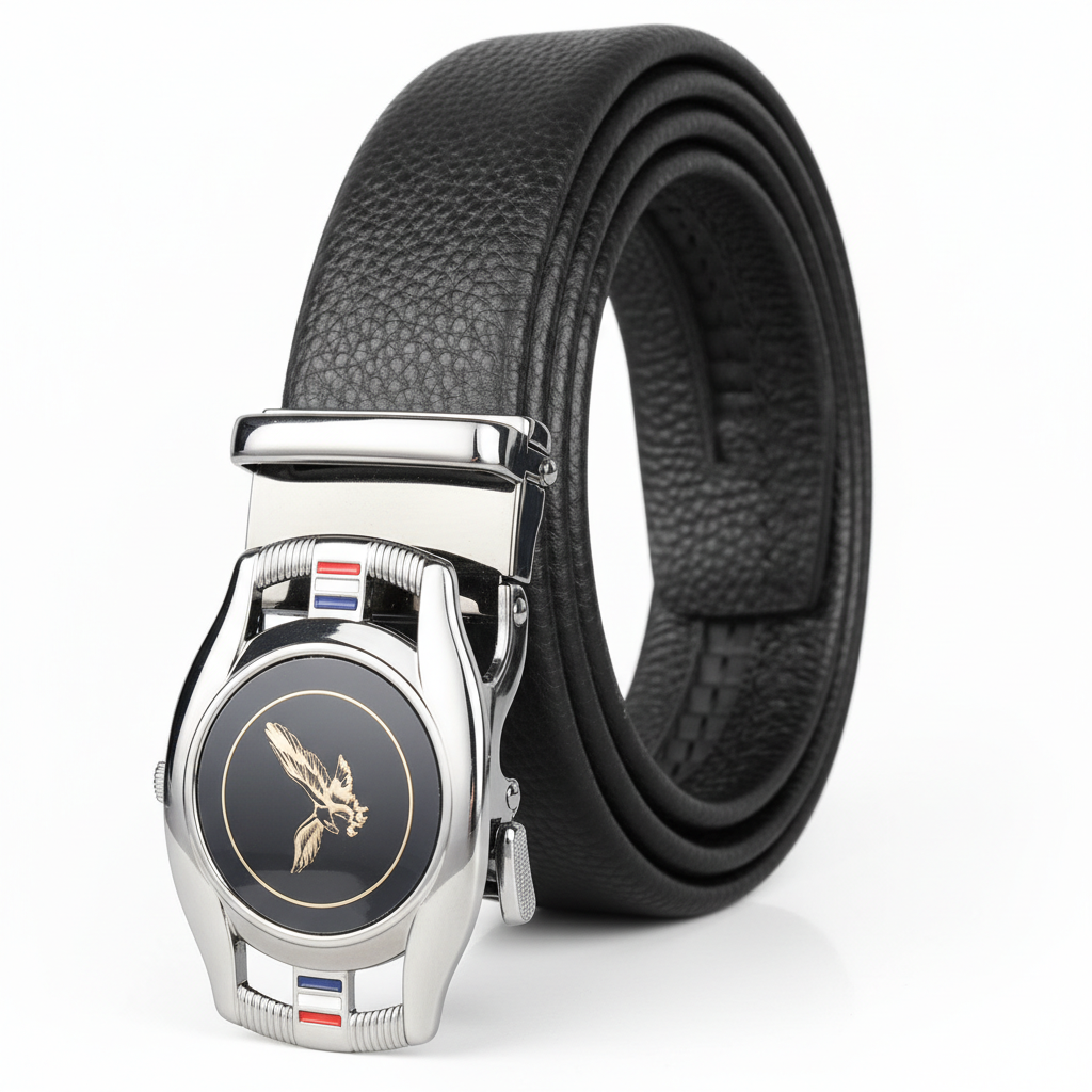 Ceinture homme Reims 1 en cuir noir grainé avec boucle ovale argentée ornée d'un aigle doré et de bandes colorées