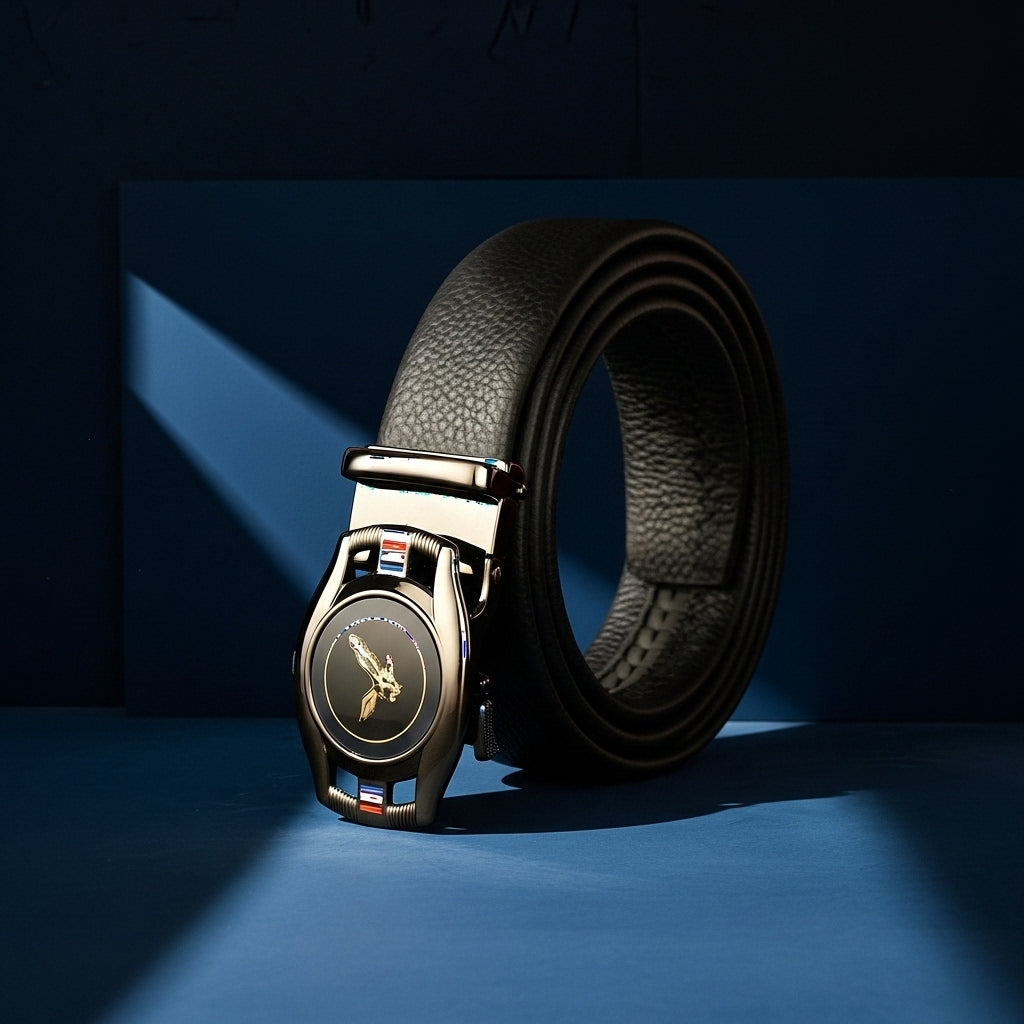 Ceinture pour homme Reims 1 en cuir noir grainé avec boucle automatique ovale ornée d'un aigle doré et de détails colorés. #fullwidth
