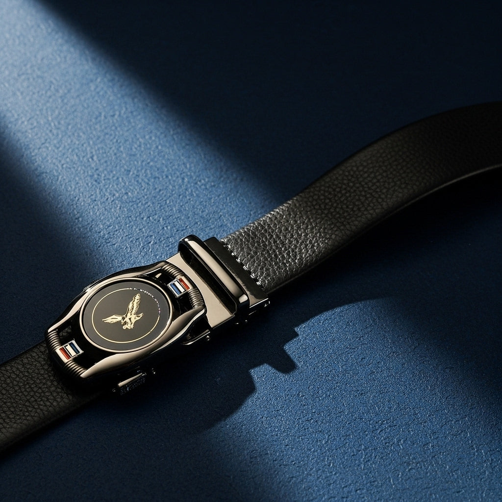 Ceinture pour homme Reims 1 en cuir noir grainé avec boucle ovale automatique argentée ornée d'un aigle et de détails tricolores. #fullwidth