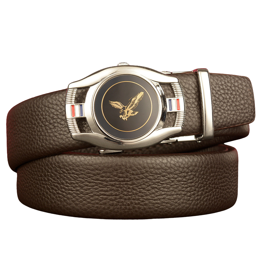 Ceinture Reims 1 pour homme en cuir marron grainé avec boucle argentée ovale ornée d'un aigle doré et de détails tricolores.