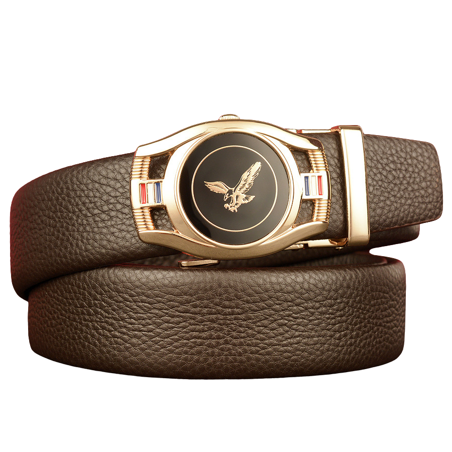 Ceinture pour homme Reims 1 en cuir marron grainé avec boucle ovale dorée ornée d'un aigle et de détails tricolores. #fullwidth