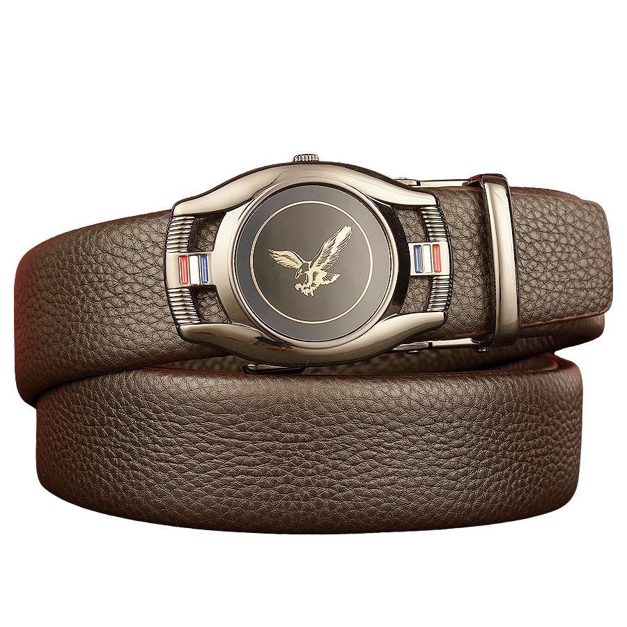 Ceinture pour homme Reims 1 en cuir marron grainé avec boucle ovale argentée ornée d'un aigle doré et de détails tricolores #fullwidth