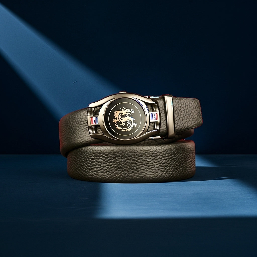 Ceinture pour homme Reims 2 en cuir grainé noir avec boucle ovale décorée d'un dragon doré, #fullwidth
