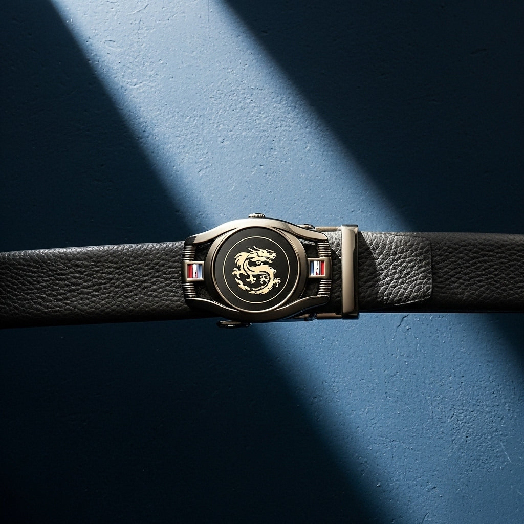 Ceinture homme Reims 2 en cuir noir grainé avec boucle automatique ovale ornée d'un dragon doré et de détails tricolores, largeur 3,5 cm. #fullwidth