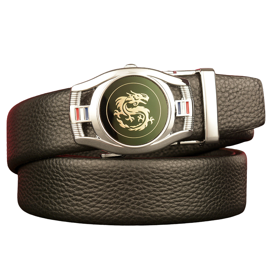 Ceinture pour homme Reims 2 en cuir noir grainé avec boucle argentée ovale ornée d'un dragon doré et de détails tricolores #fullwidth