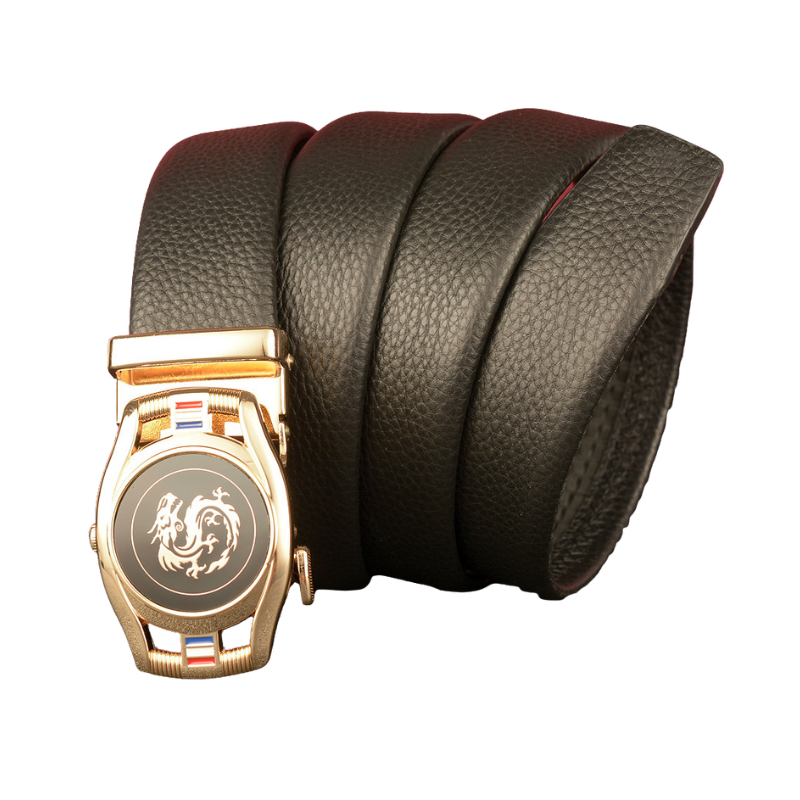 Ceinture homme Reims 2 en cuir de vachette noir grainé avec boucle automatique dorée ornée d'un dragon stylisé et de détails tricolores.