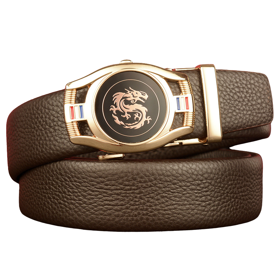 Ceinture homme Reims 2 en cuir marron grainé avec boucle ovale dorée ornée d'un dragon et de détails tricolores #fullwidth