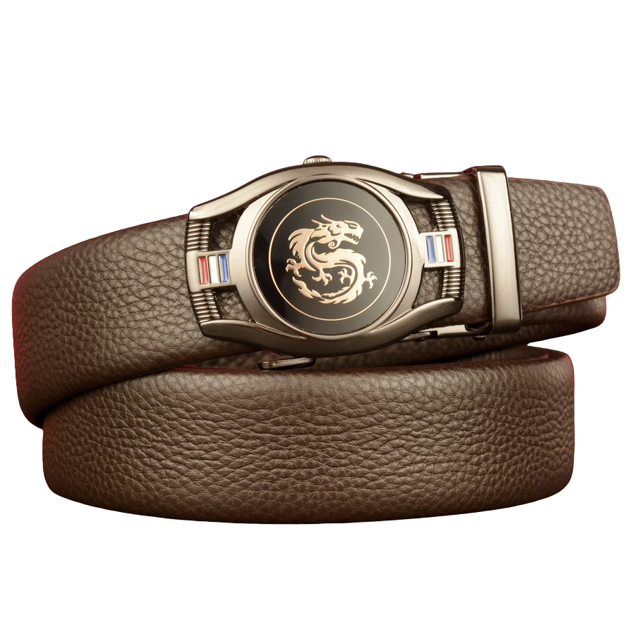 Ceinture pour homme Reims 2 en cuir de vachette marron grainé avec boucle ovale argentée ornée d'un dragon doré et de détails tricolores, largeur 3,5 cm. #fullwidth