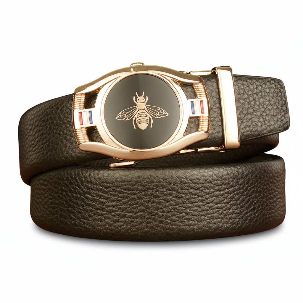 Ceinture pour homme Reims 3 en cuir noir avec boucle automatique dorée ornée d'une abeille et de détails tricolores.